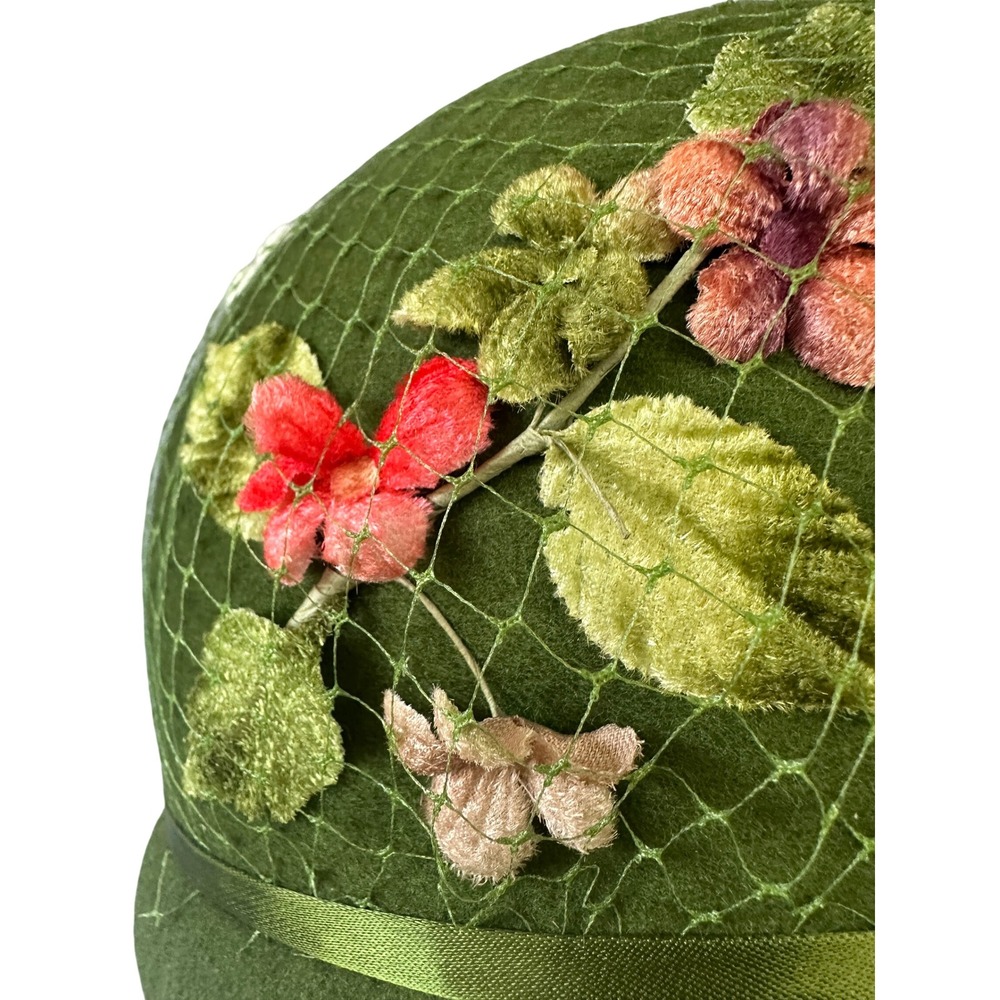 Vtg 50s Green Wool Felt Cloche Hat Floral Velvet Glenover Flapper Style JS - Picture 5 of 12